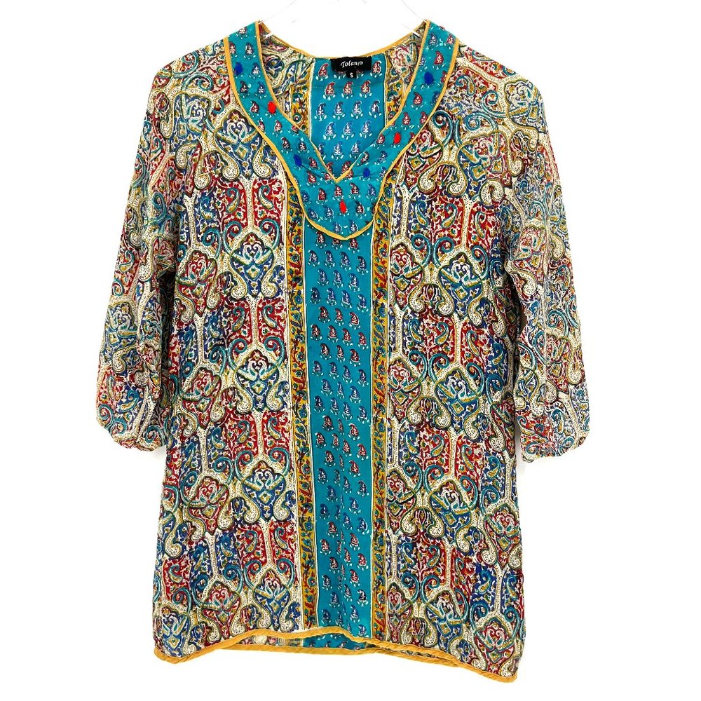 Tolani Silk Paisley Printed Tunic Top Colorful Blouse 3/4 Sleeve Size Small‎